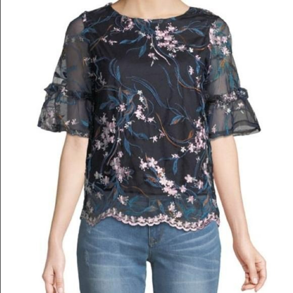 Nanette Lepore Tops - Nanette Lepore | Navy Embroidered Blouse